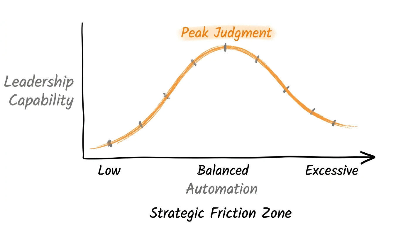 Strategic Friction graph illustrating the balance between automation efficiency and human judgment capability